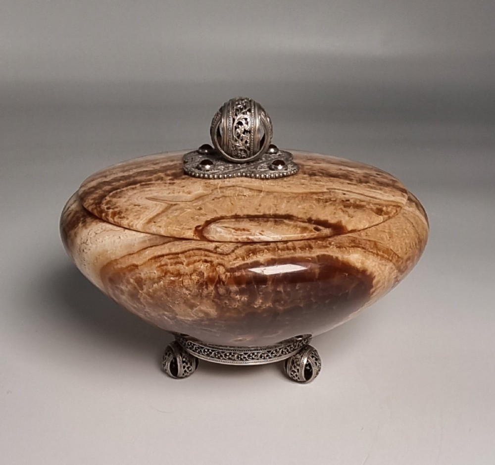An Italian specimen marble silver mounted bowl and cover
