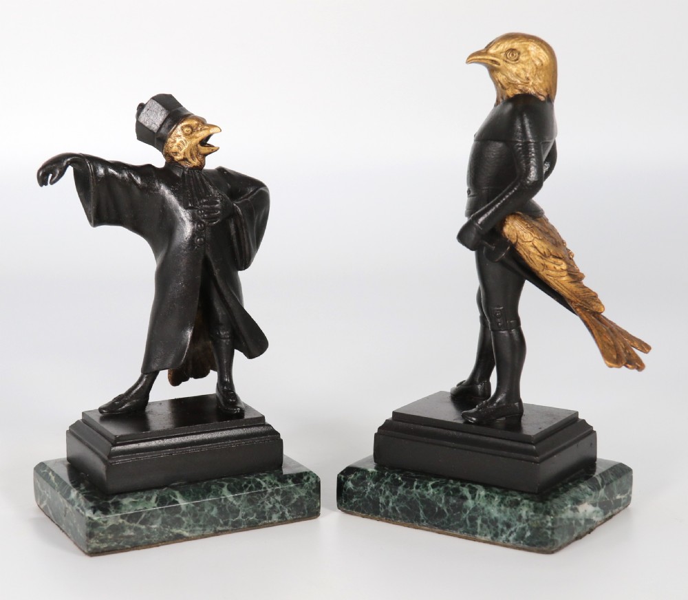 A fine pair of bronze caricature figures of theatrical birds, circa 1880 View II