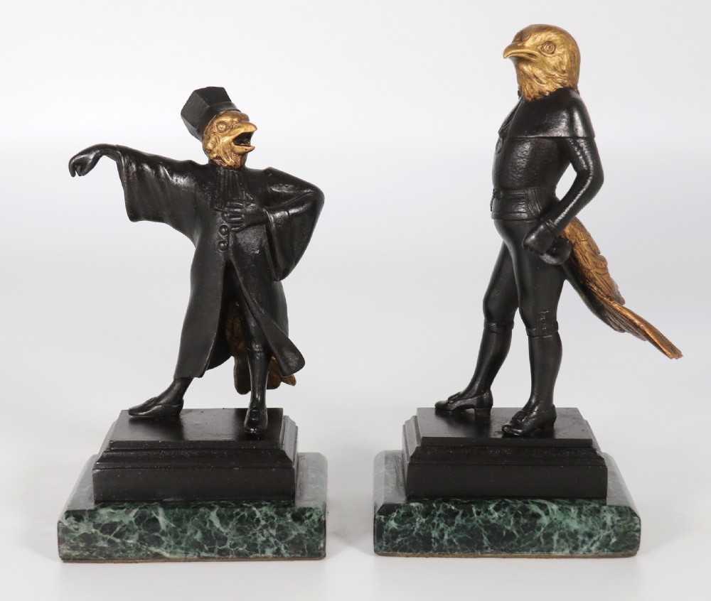 A fine pair of bronze caricature figures of theatrical birds, circa 1880 View III