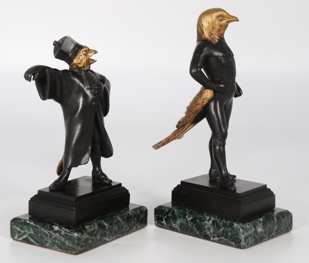 A fine pair of bronze caricature figures of theatrical birds, circa 1880 View VII