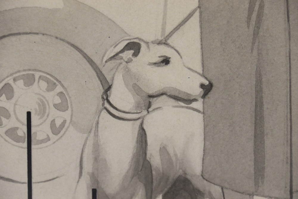 A framed original 1940s sepia monochrome watercolour illustration advertising Harrods weekend wear, featuring a smartly dressed woman, a greyhound dog, and a classic car in a green wooden frame. View II