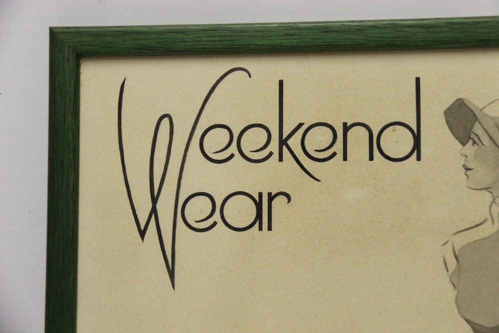 A framed original 1940s sepia monochrome watercolour illustration advertising Harrods weekend wear, featuring a smartly dressed woman, a greyhound dog, and a classic car in a green wooden frame. View III