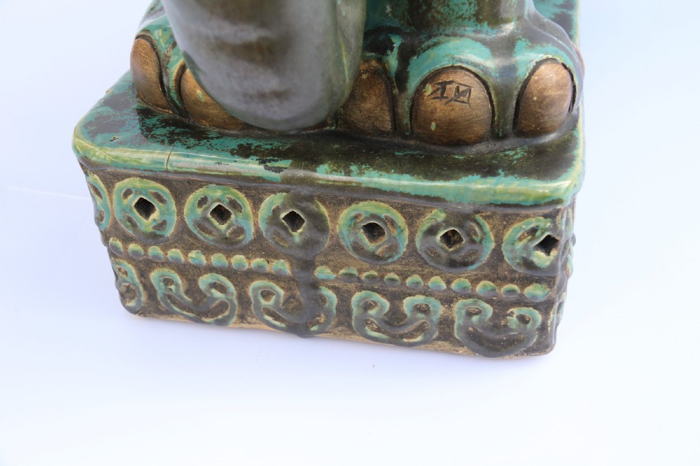 A large Chinese turquoise green pottery elephant display pedestal/stand. View VI