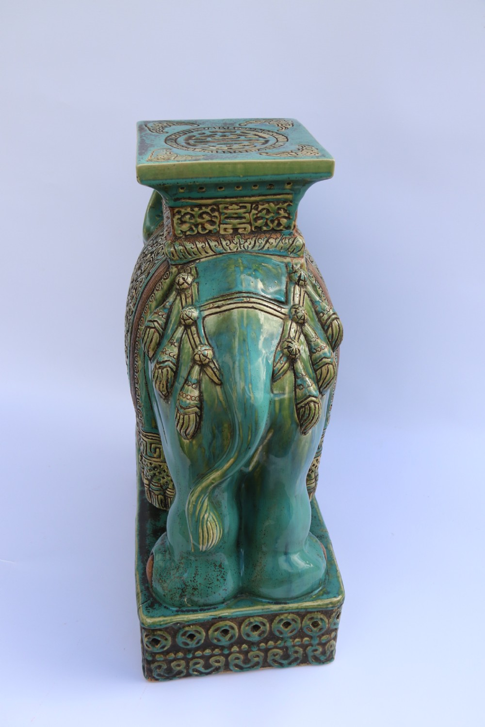 A large Chinese turquoise green pottery elephant display pedestal/stand. View VIII