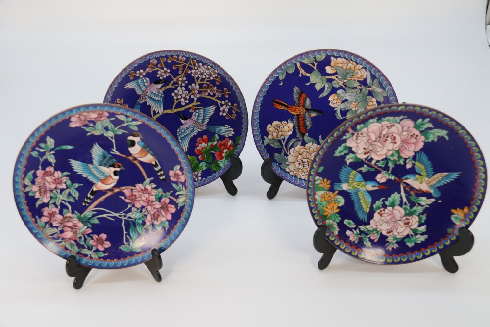 A set of four Chinese cloisonne cabinet plates with exotic birds and blossom.

 View II