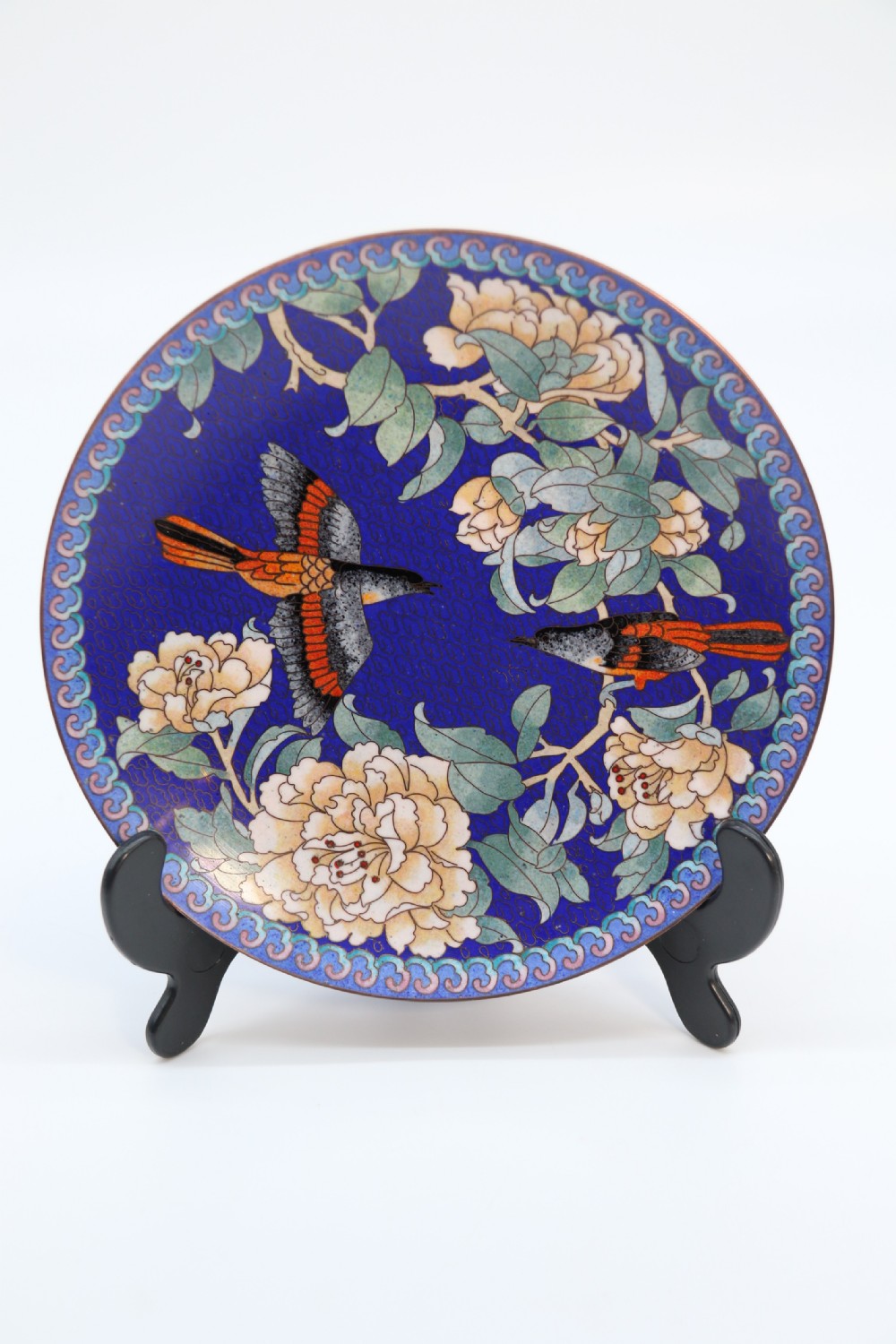 A set of four Chinese cloisonne cabinet plates with exotic birds and blossom.

 View III