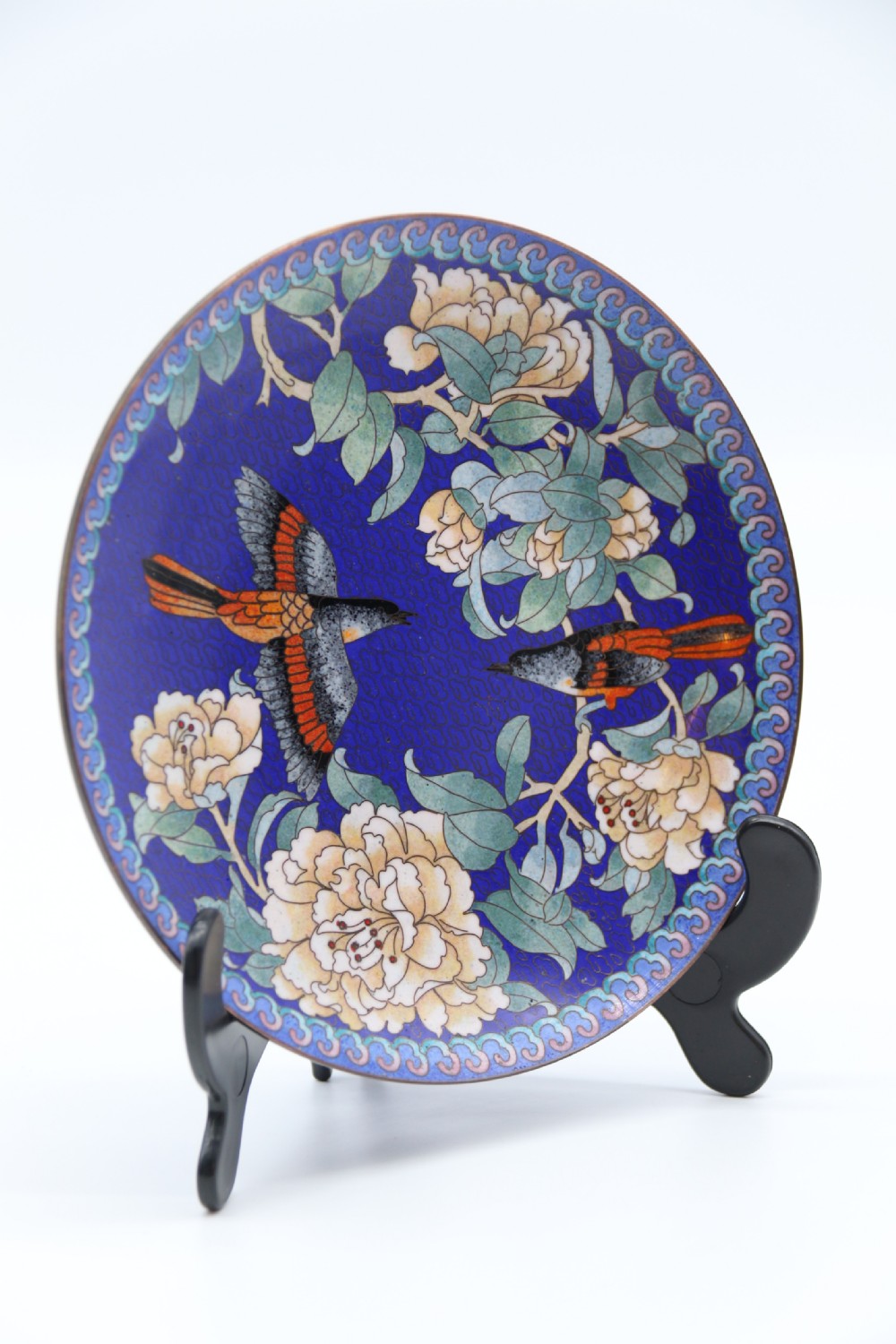 A set of four Chinese cloisonne cabinet plates with exotic birds and blossom.

 View IV