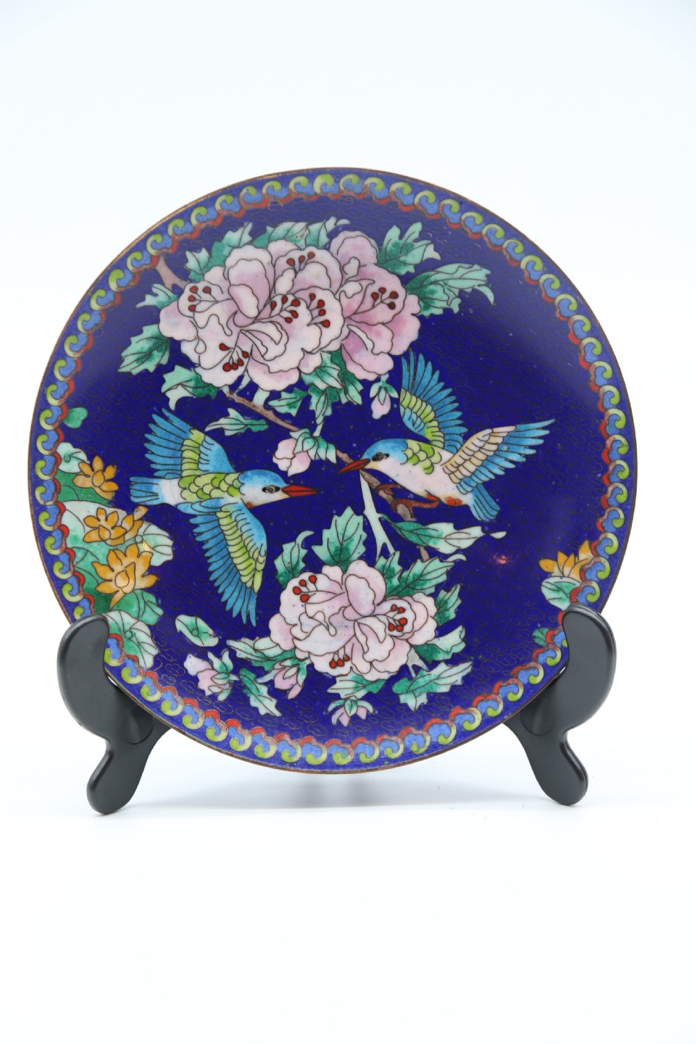 A set of four Chinese cloisonne cabinet plates with exotic birds and blossom.

 View VII