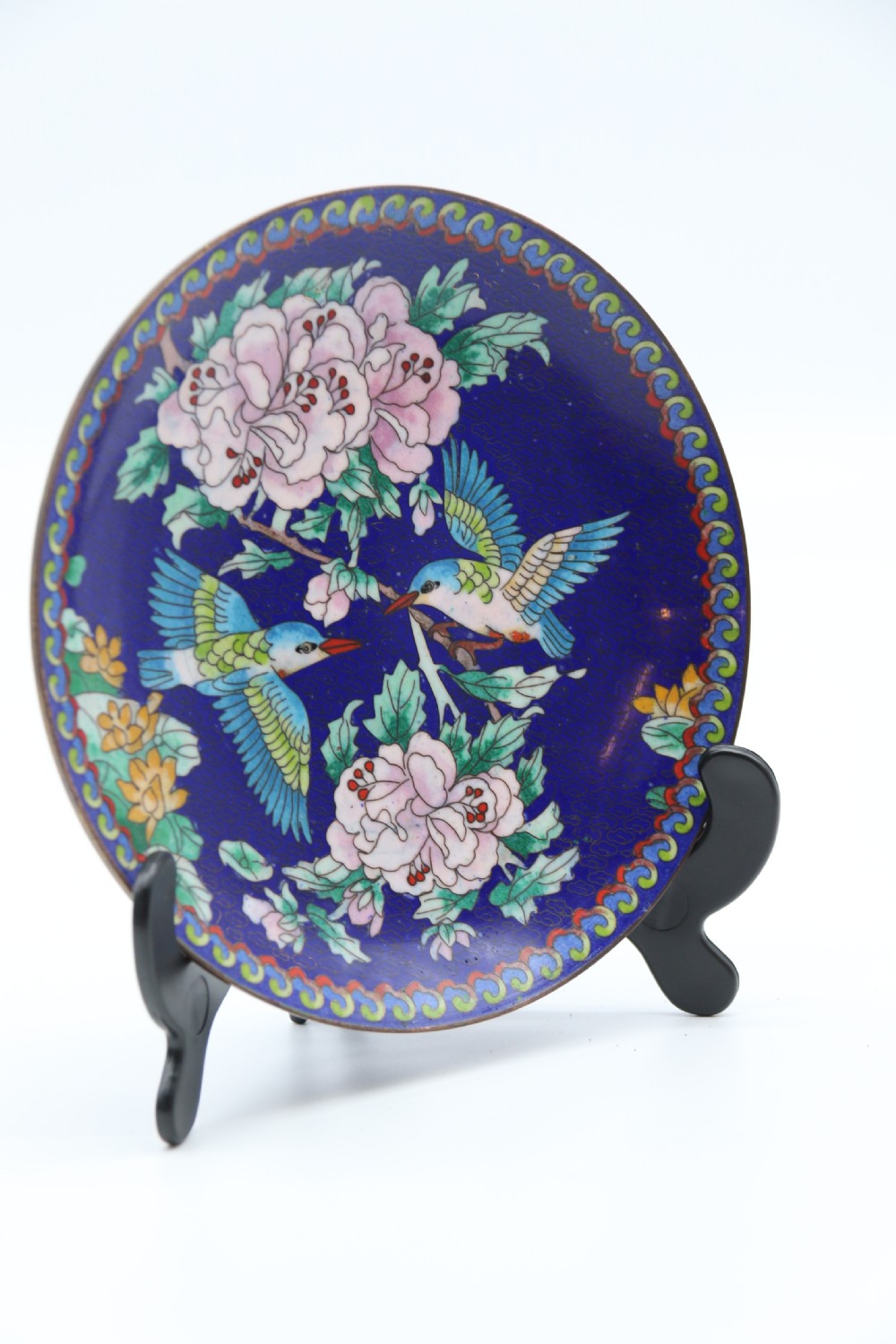 A set of four Chinese cloisonne cabinet plates with exotic birds and blossom.

 View VIII