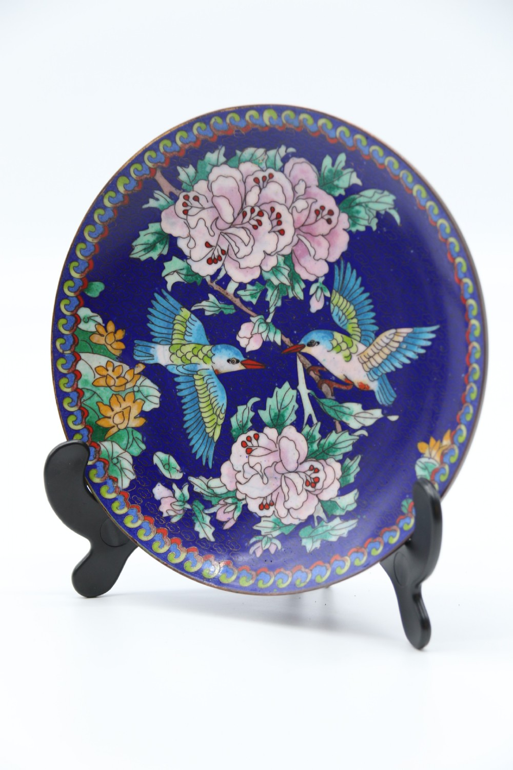 A set of four Chinese cloisonne cabinet plates with exotic birds and blossom.

 View IX