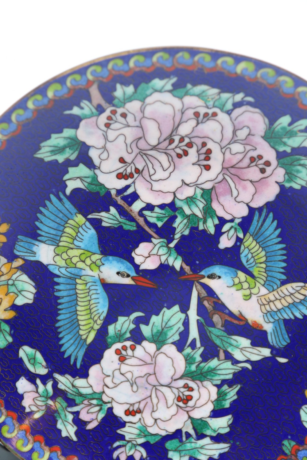 A set of four Chinese cloisonne cabinet plates with exotic birds and blossom.

 View X