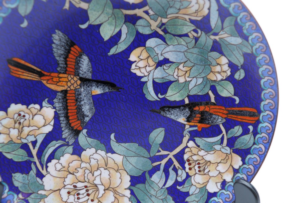 A set of four Chinese cloisonne cabinet plates with exotic birds and blossom.

 View XII