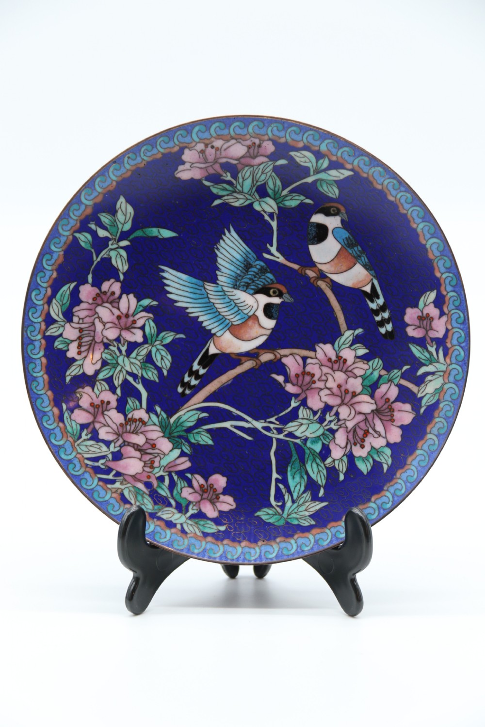 A set of four Chinese cloisonne cabinet plates with exotic birds and blossom.

 View XIII