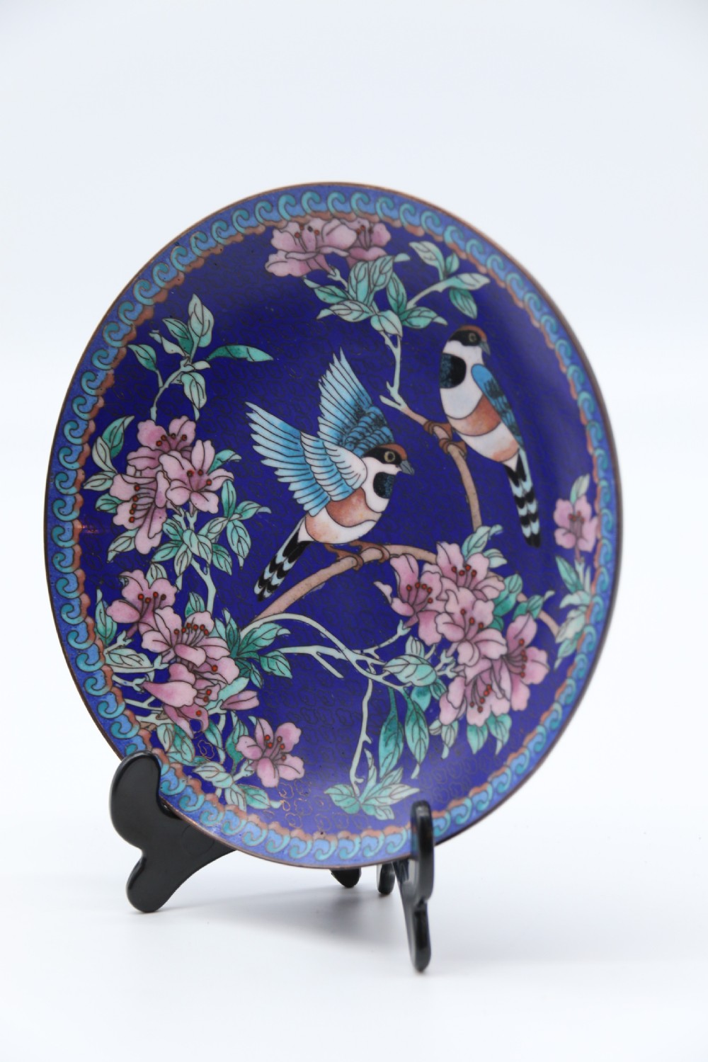 A set of four Chinese cloisonne cabinet plates with exotic birds and blossom.

 View XIV