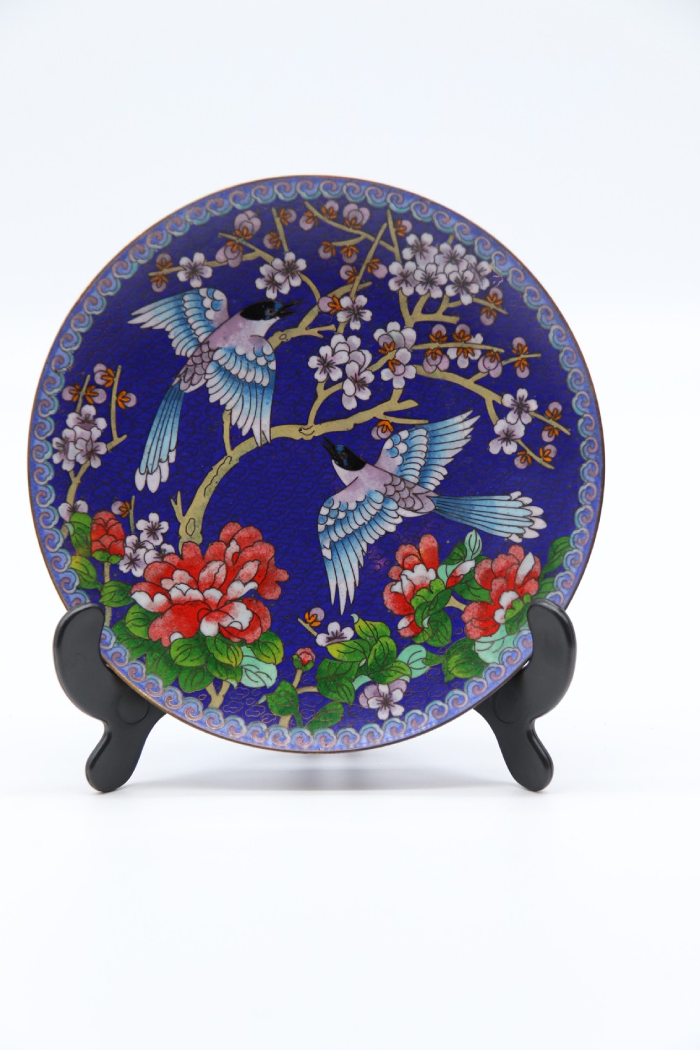 A set of four Chinese cloisonne cabinet plates with exotic birds and blossom.

 View XVIII