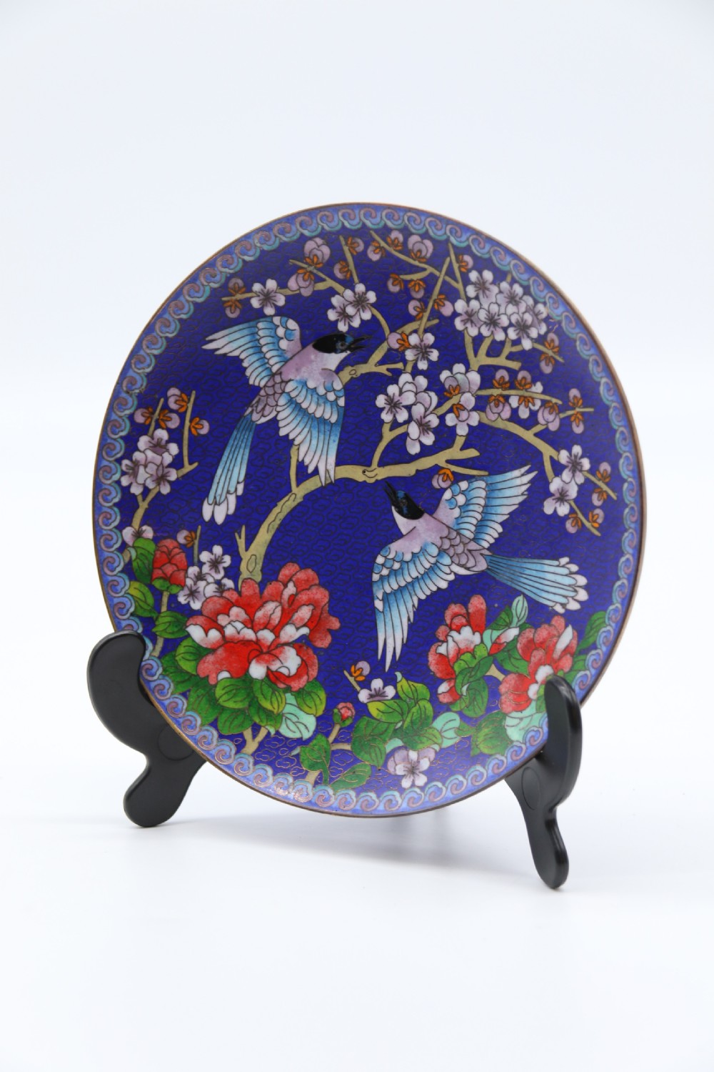 A set of four Chinese cloisonne cabinet plates with exotic birds and blossom.

 View XIX