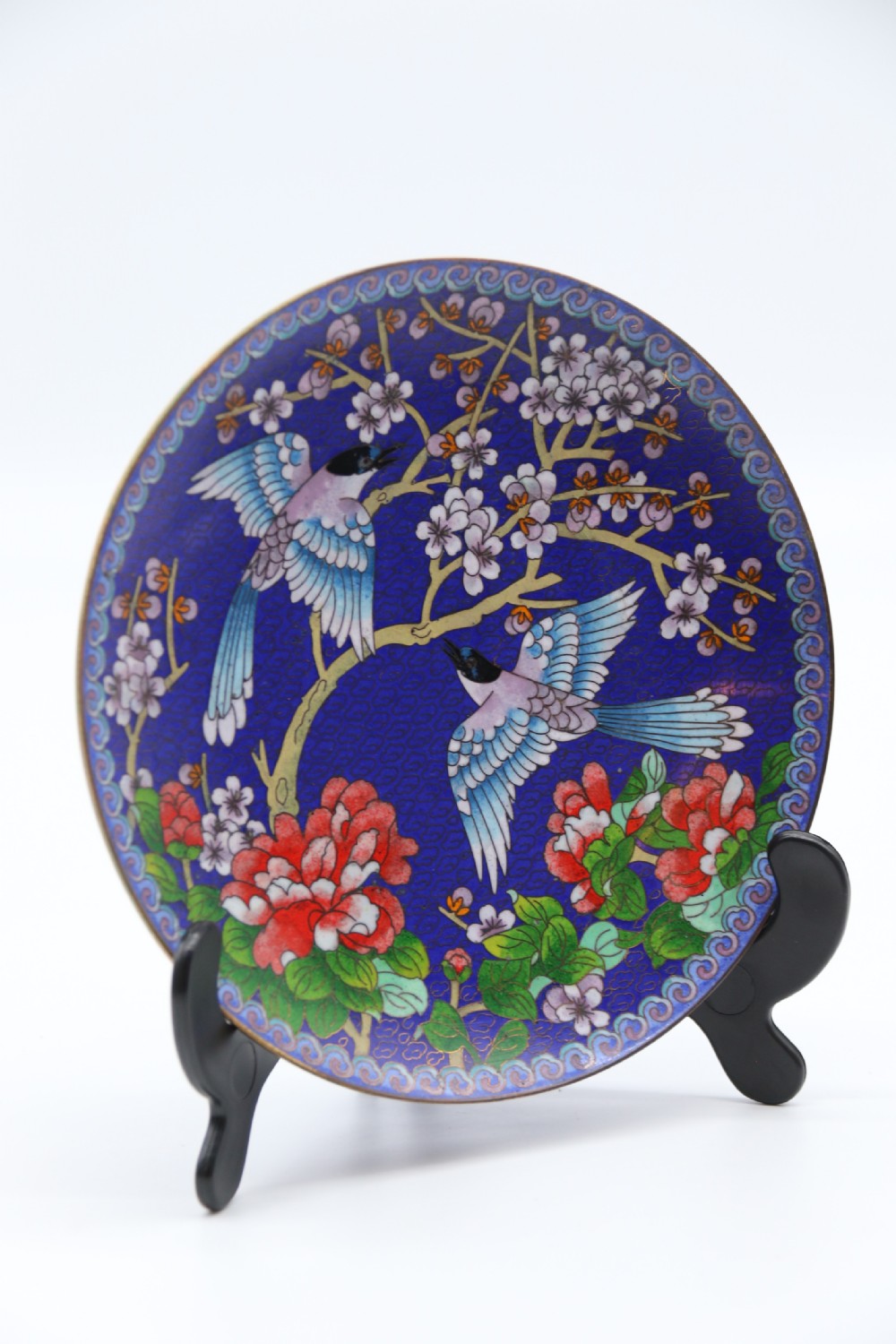 A set of four Chinese cloisonne cabinet plates with exotic birds and blossom.

 View XX