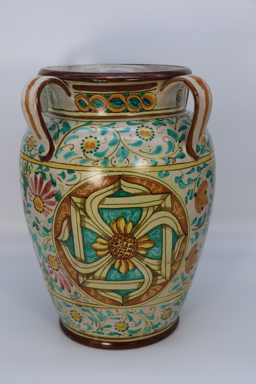 A large Italian hand thrown and painted majolica pottery vase, circa 1930

 View II