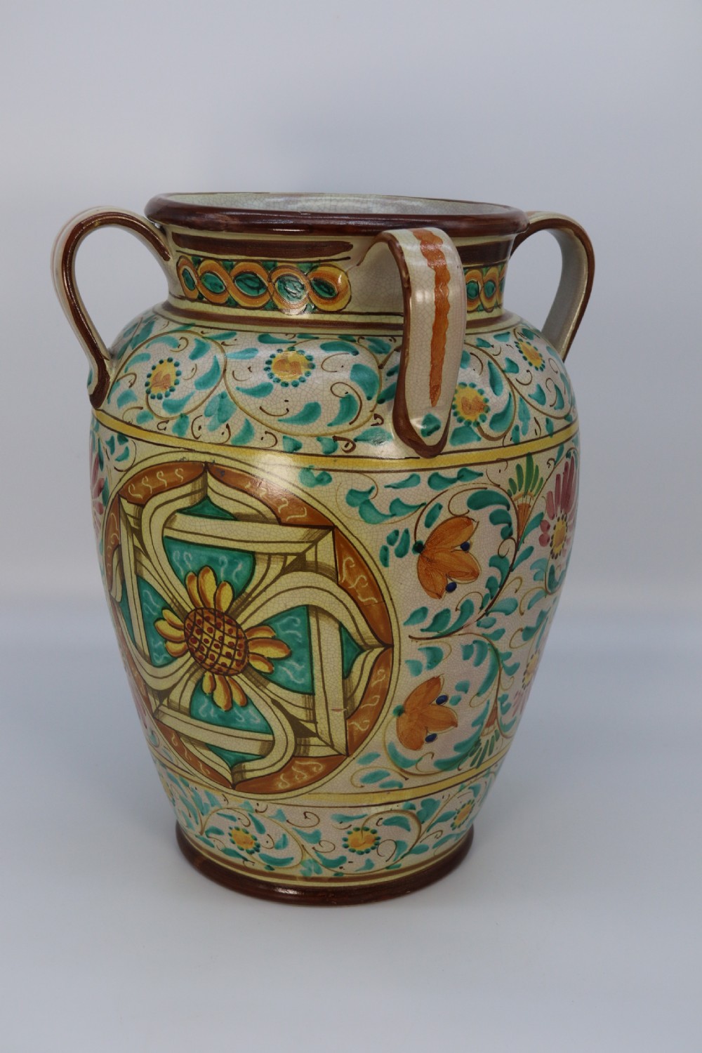 A large Italian hand thrown and painted majolica pottery vase, circa 1930

 View III