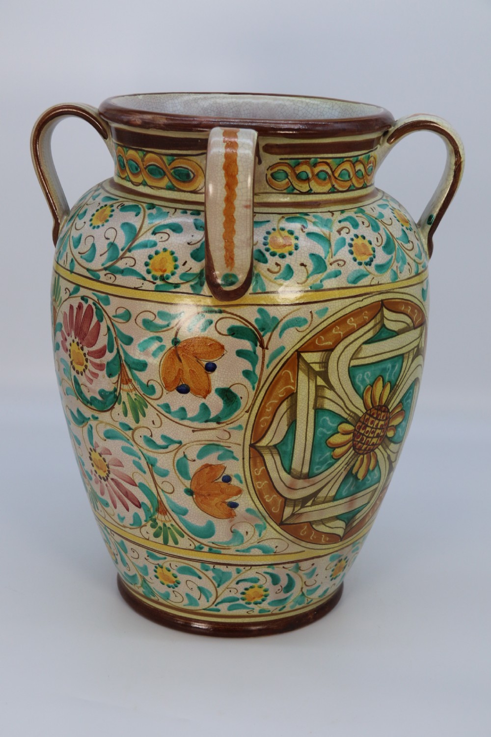 A large Italian hand thrown and painted majolica pottery vase, circa 1930

 View VII