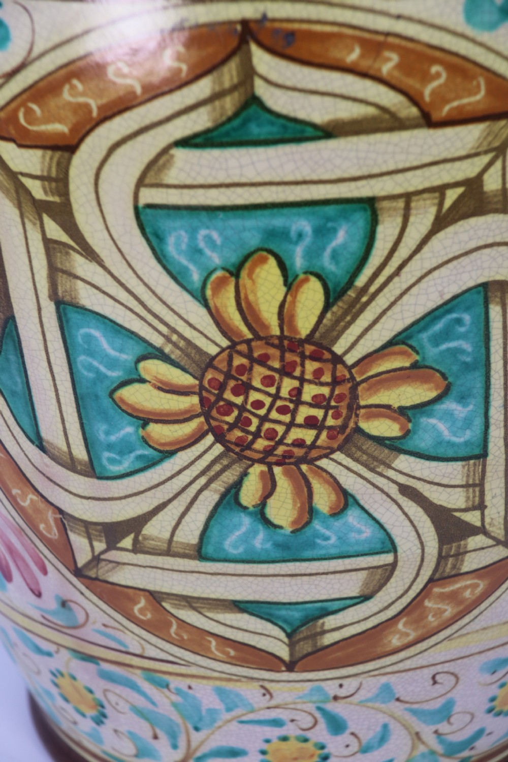 A large Italian hand thrown and painted majolica pottery vase, circa 1930

 View XII
