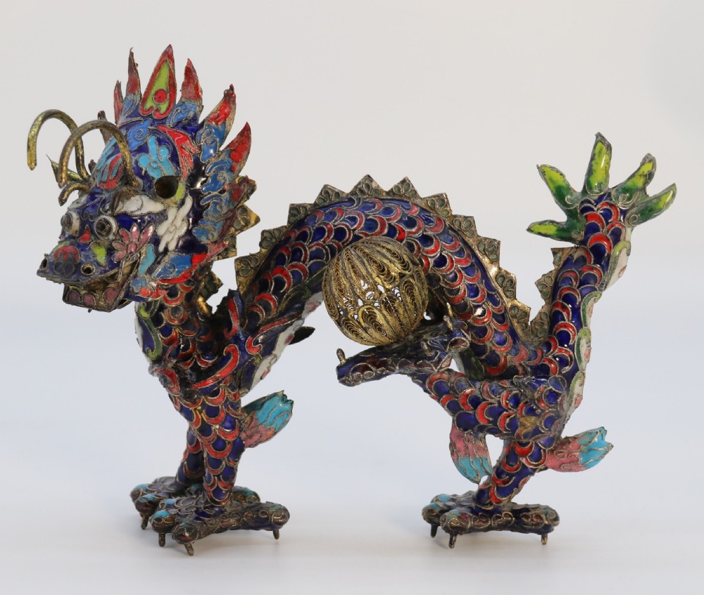 Early 20th century Chinese cloisonne sculpture of the five clawed dragon