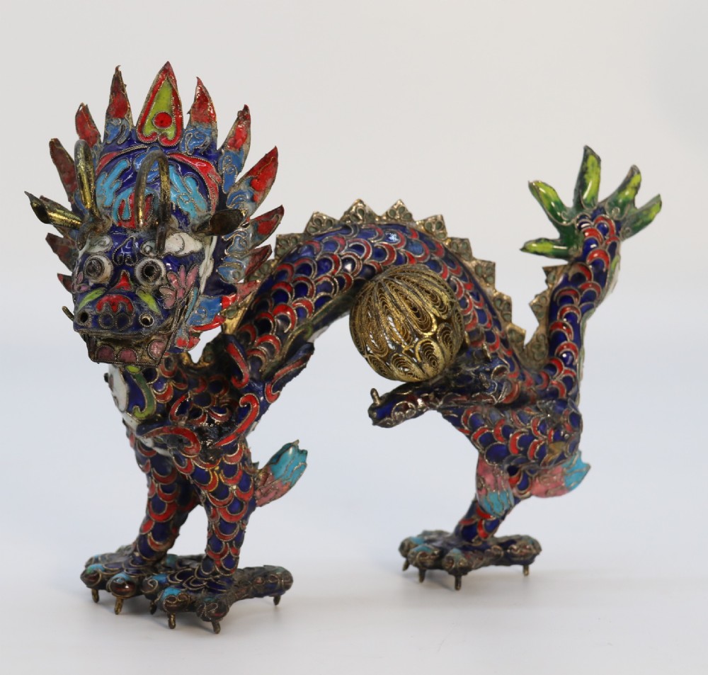 Early 20th century Chinese cloisonne sculpture of the five clawed dragon View II