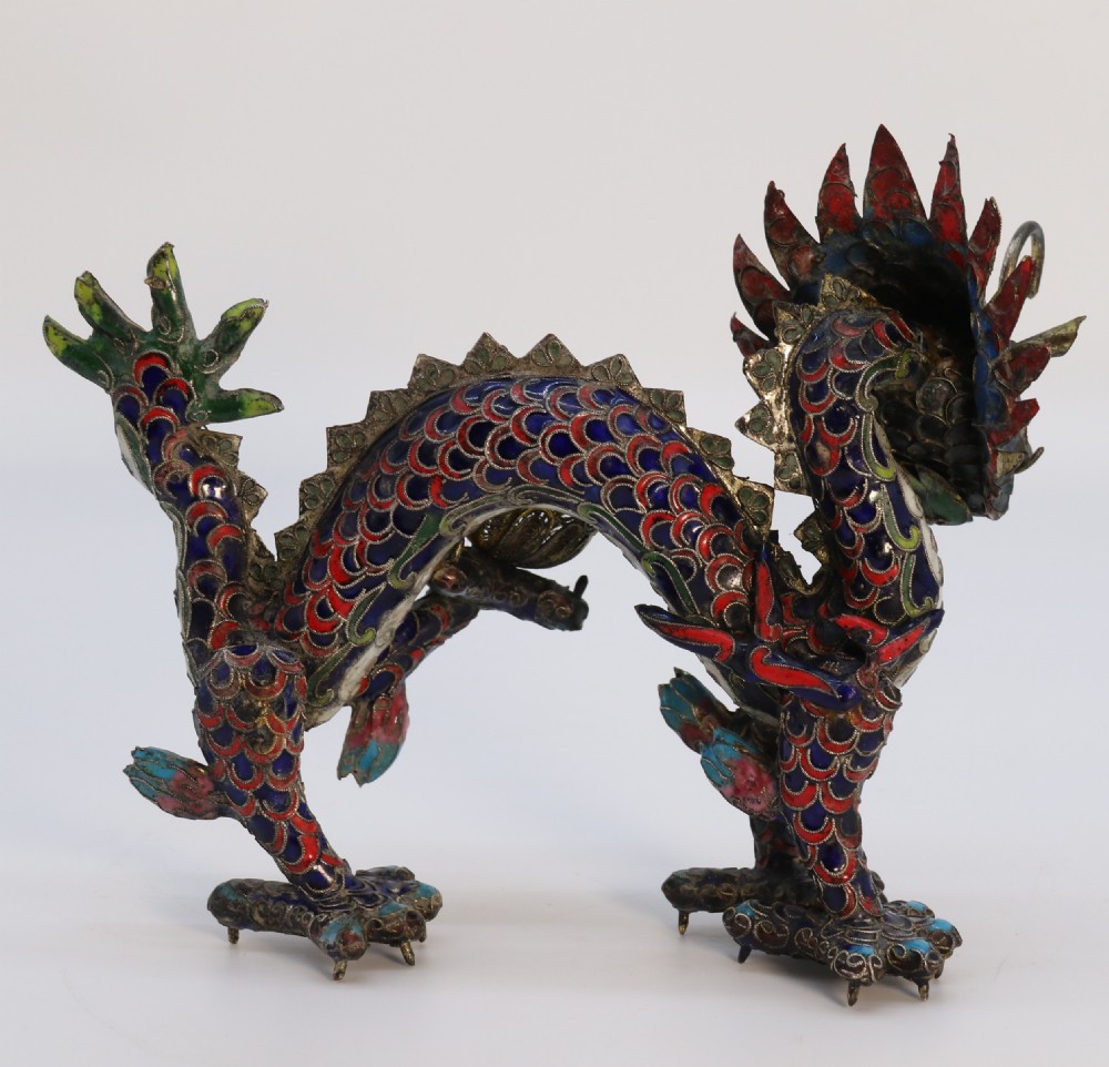 Early 20th century Chinese cloisonne sculpture of the five clawed dragon View V