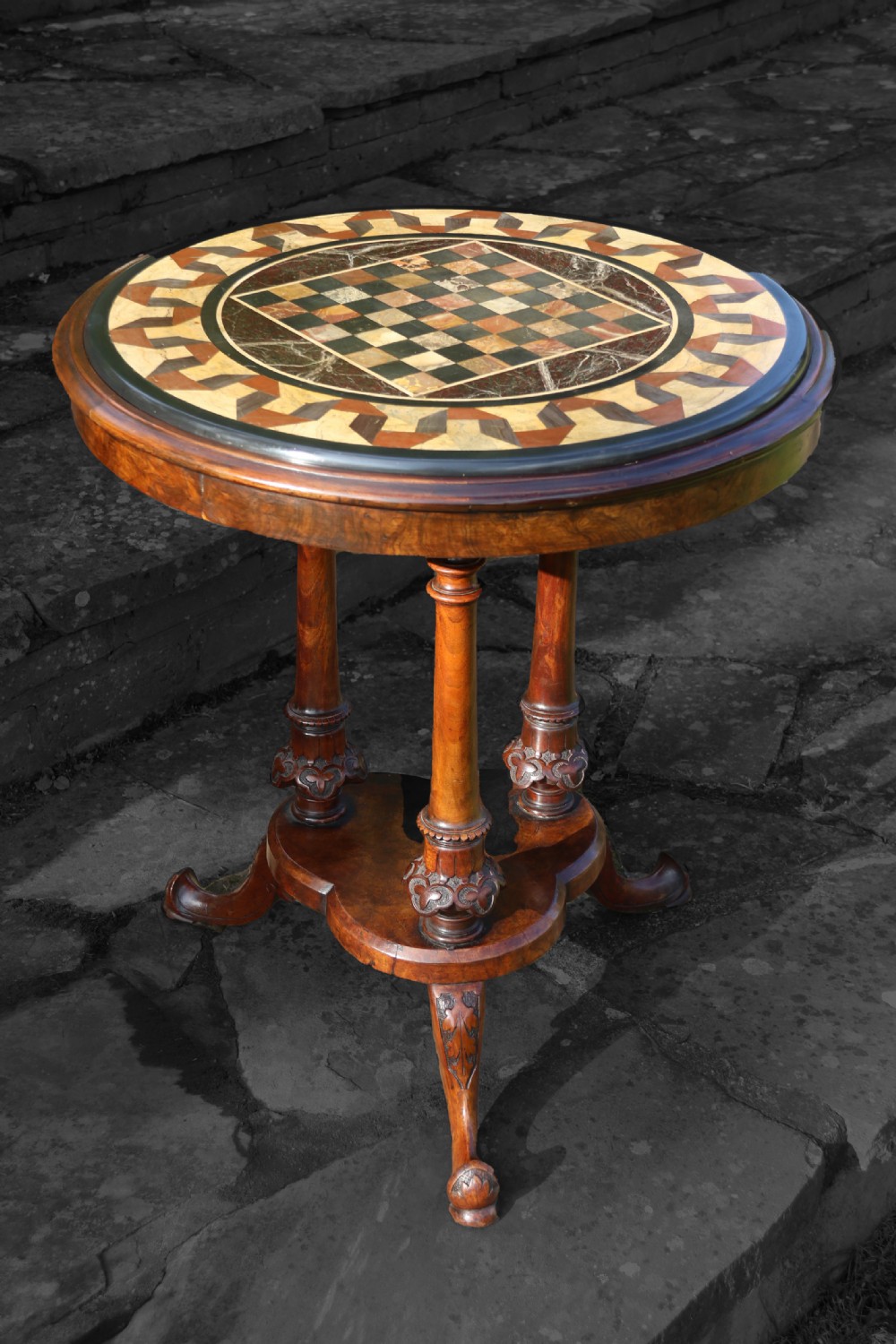 Antique Victorian pietra dura specimen marble topped burr walnut occasional/games table, circa 1860