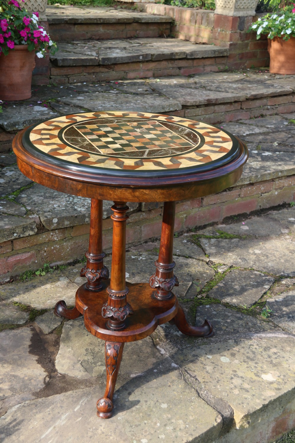 Antique Victorian pietra dura specimen marble topped burr walnut occasional/games table, circa 1860 View II