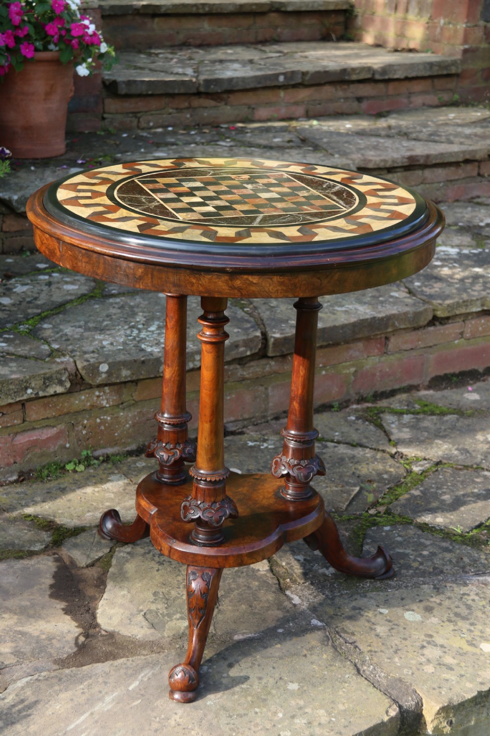 Antique Victorian pietra dura specimen marble topped burr walnut occasional/games table, circa 1860 View III