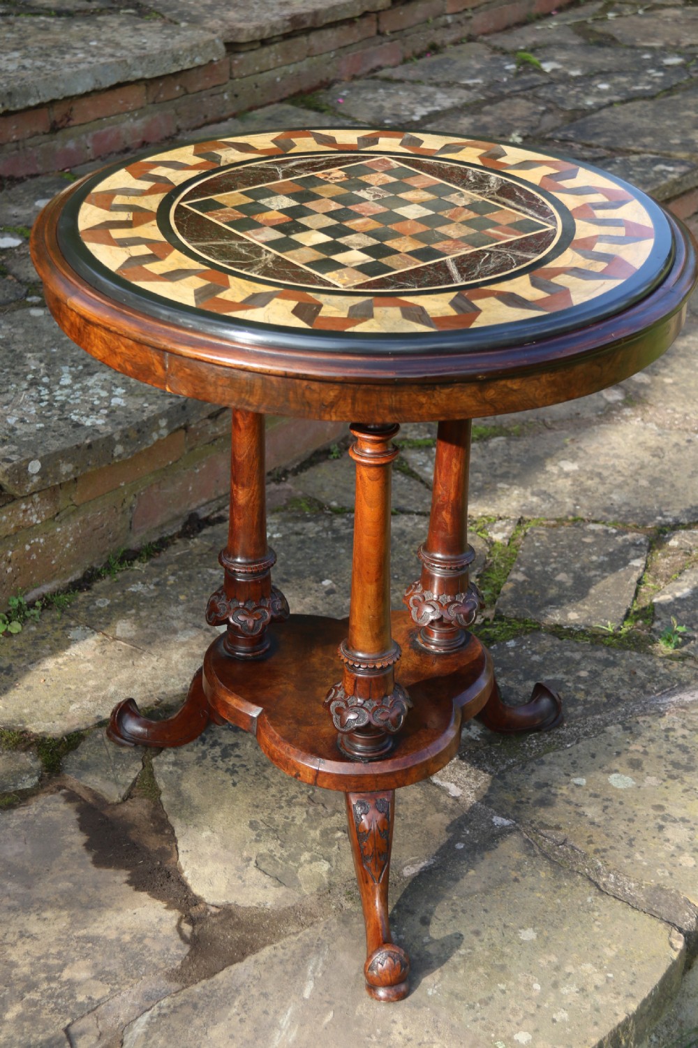 Antique Victorian pietra dura specimen marble topped burr walnut occasional/games table, circa 1860 View IV