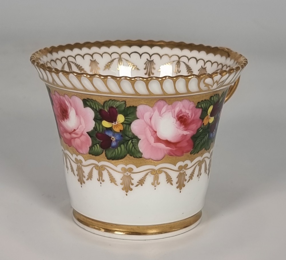 A rare Chamberlains Worcester cabinet cup and saucer hand painted with roses and pansies, circa 1816

 View X