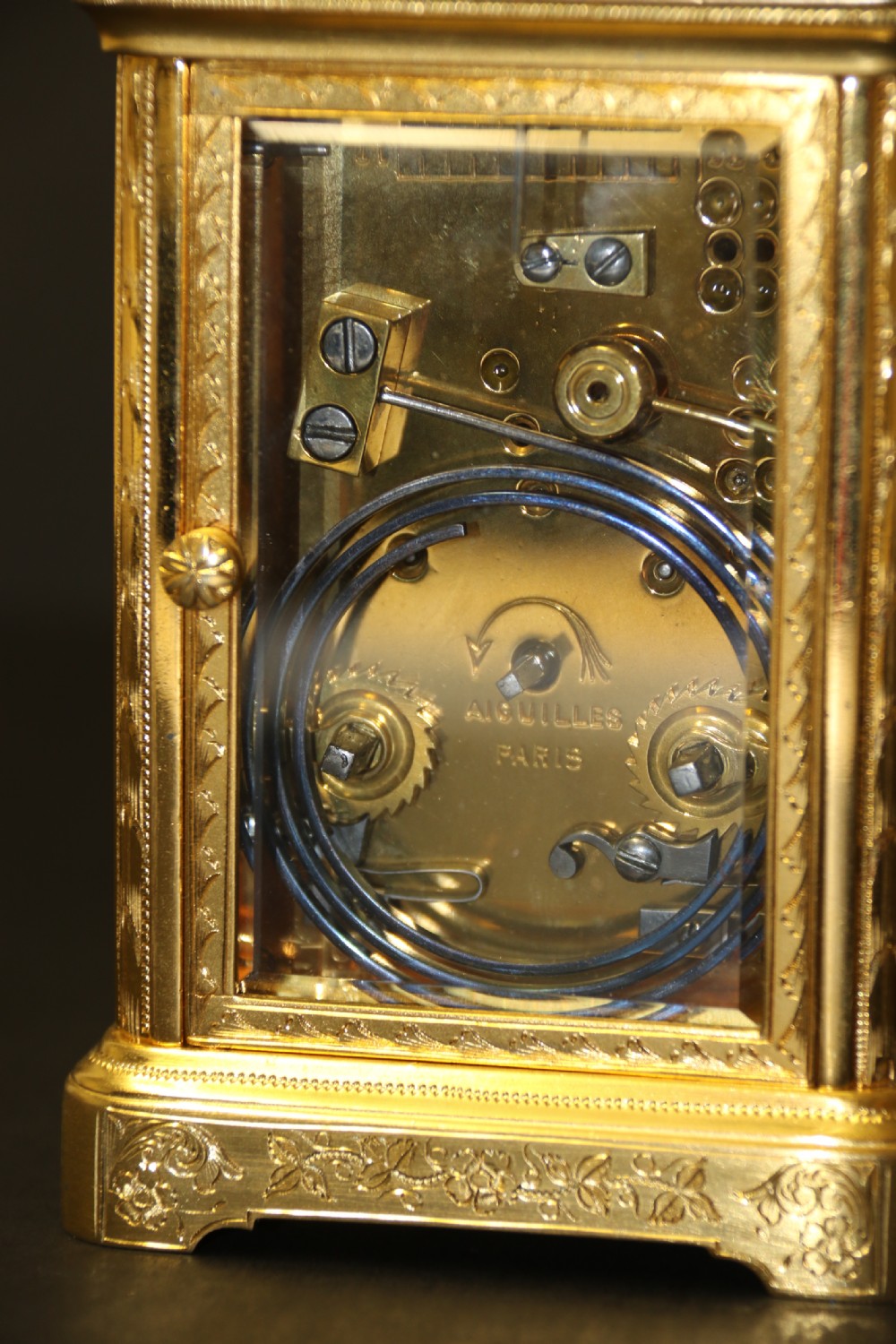 A 19th century French hand engraved and gilt cased repeating carriage Clock by Francois Arsene Margaine View VII