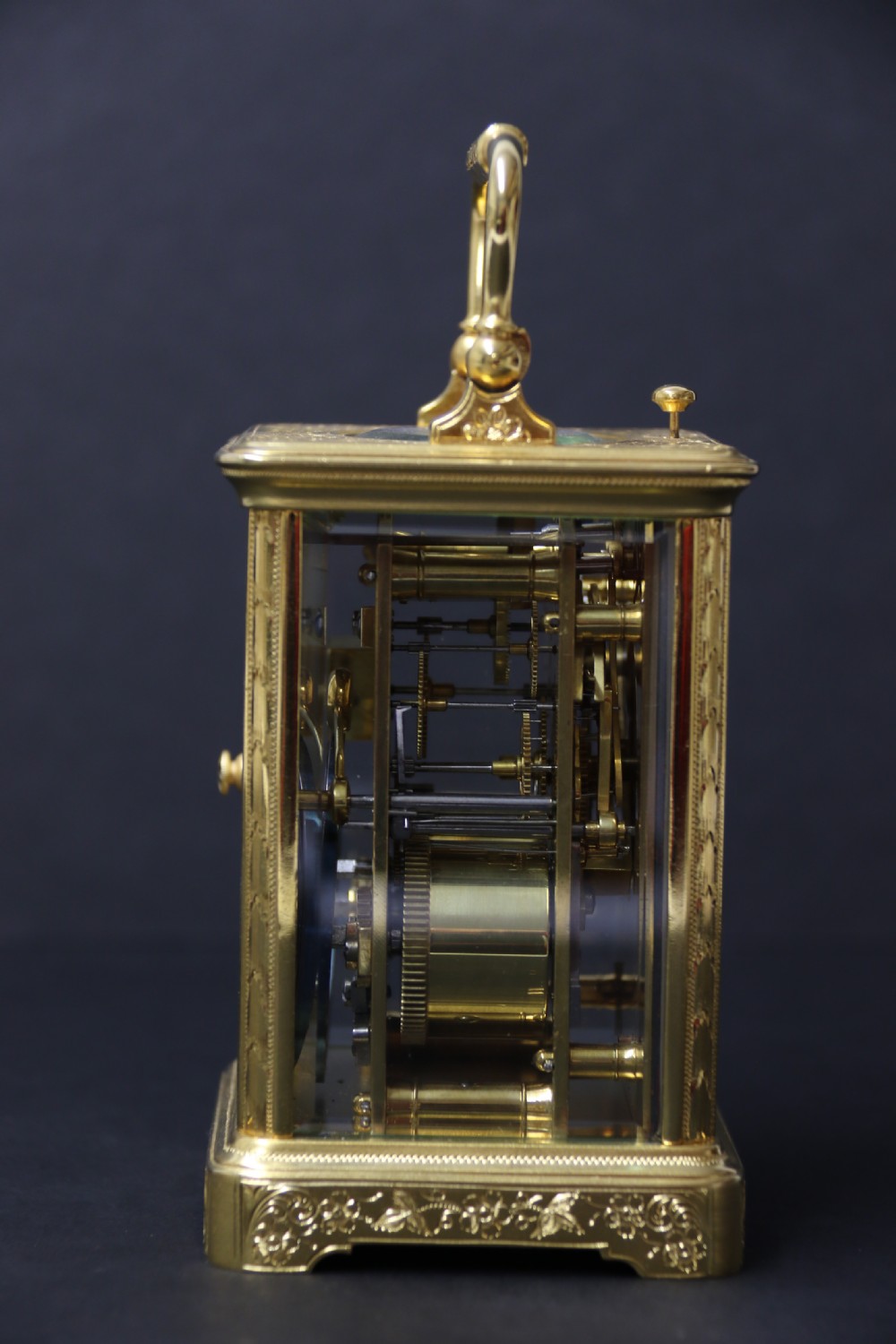 A 19th century French hand engraved and gilt cased repeating carriage Clock by Francois Arsene Margaine View VIII