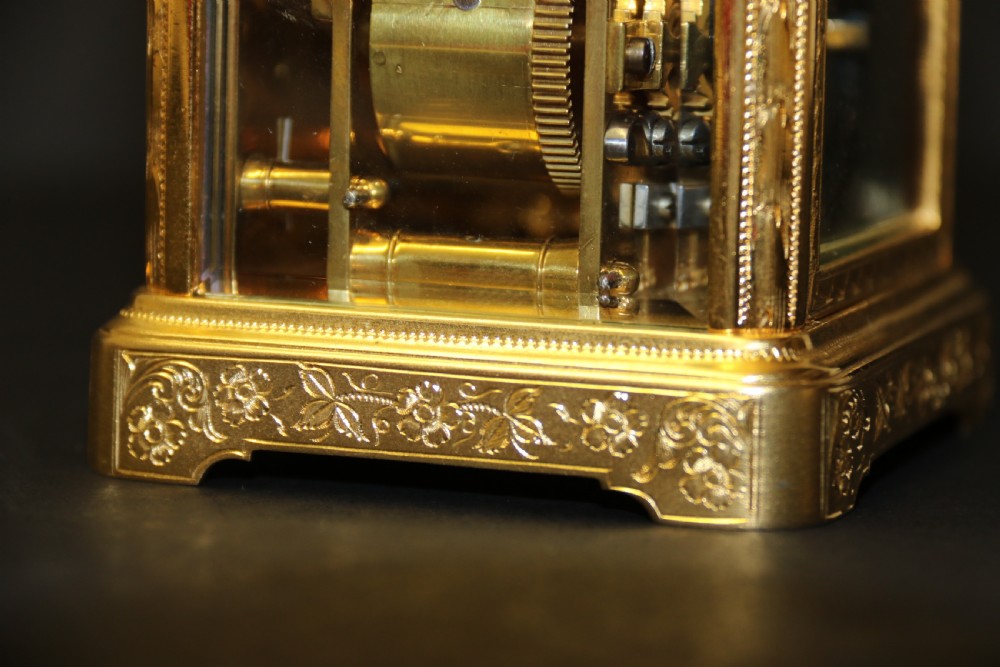 A 19th century French hand engraved and gilt cased repeating carriage Clock by Francois Arsene Margaine View XII