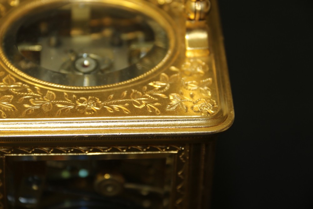 A 19th century French hand engraved and gilt cased repeating carriage Clock by Francois Arsene Margaine View XXIII