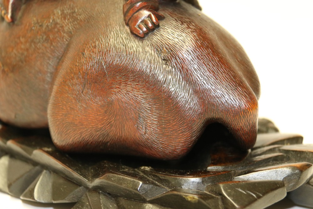 A pair of late Qing dynasty hand-carved dark hardwood water buffaloes, each mounted on a pierced wooden base and depicting a small boy resting on its back. View XXI