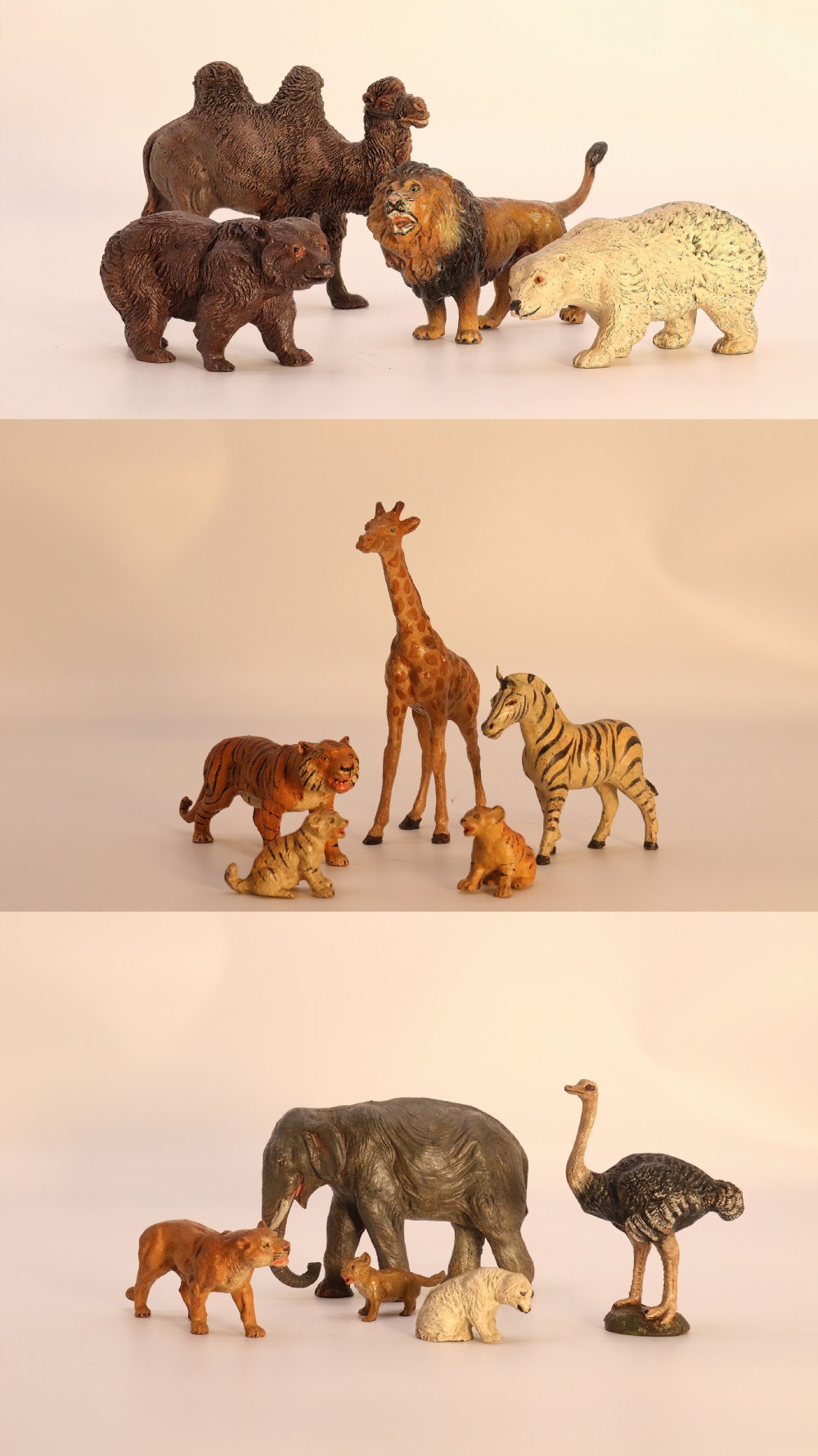 A collection of early 20th century antique Elastolin and Lineol exotic animals.