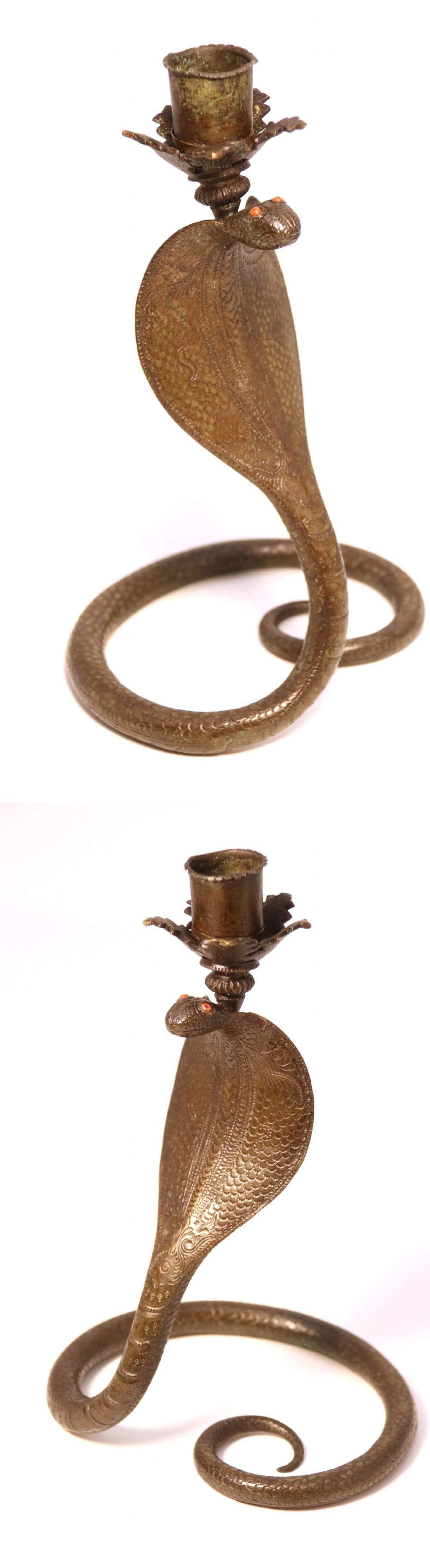 A pair of Raj period Indian bronze candlesticks in the form of striking cobras, c 1890