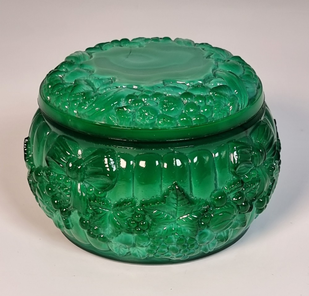 An Art Deco malachite glass jar and cover, c 1920