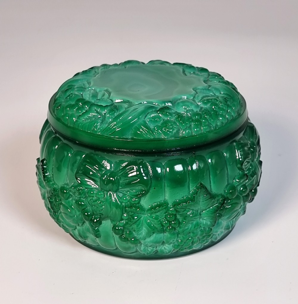 An Art Deco malachite glass jar and cover, c 1920 View II