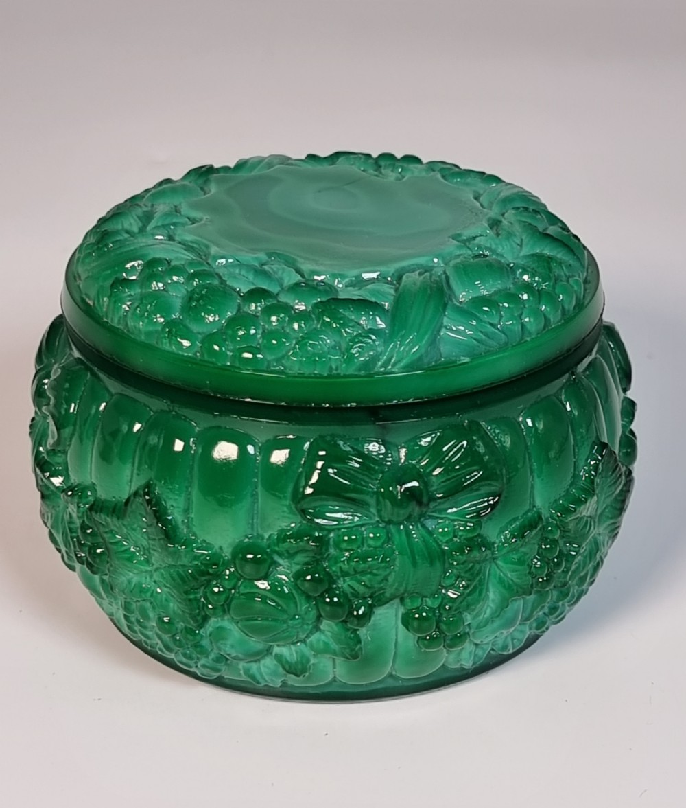 An Art Deco malachite glass jar and cover, c 1920 View III