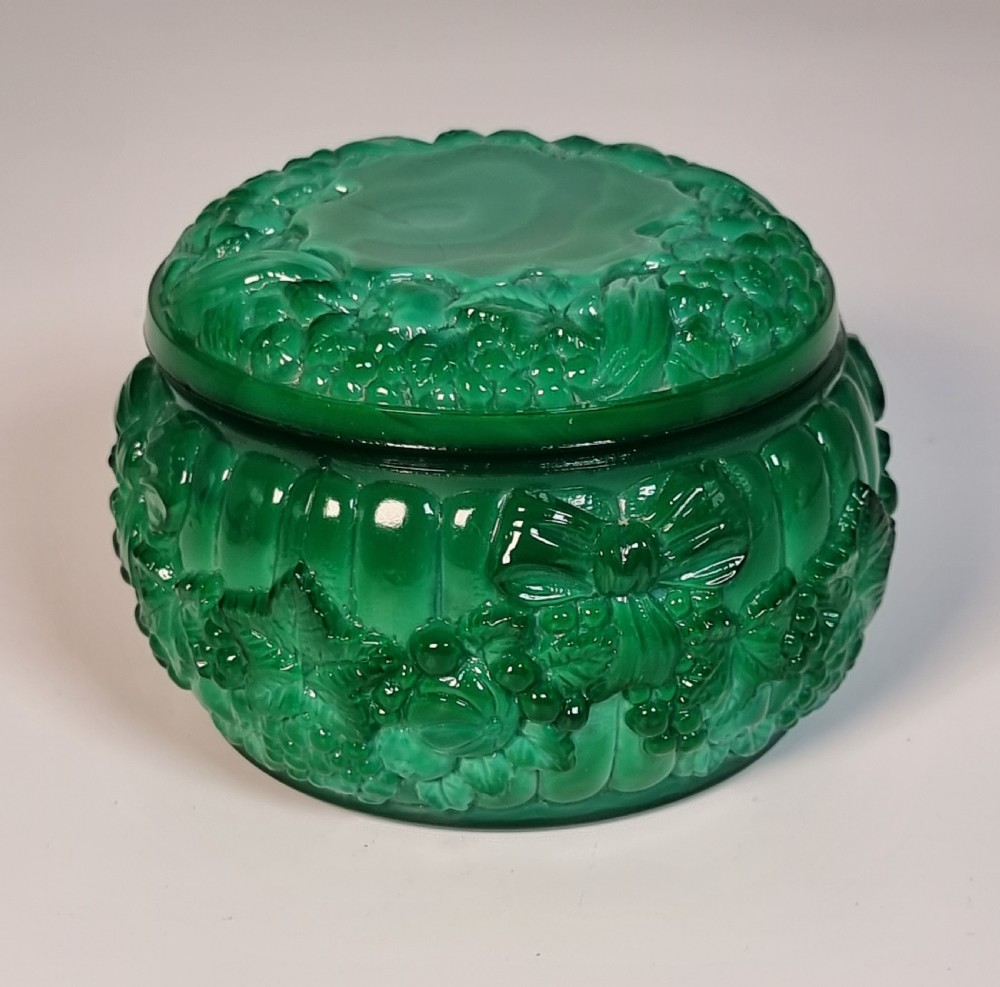 An Art Deco malachite glass jar and cover, c 1920 View IV