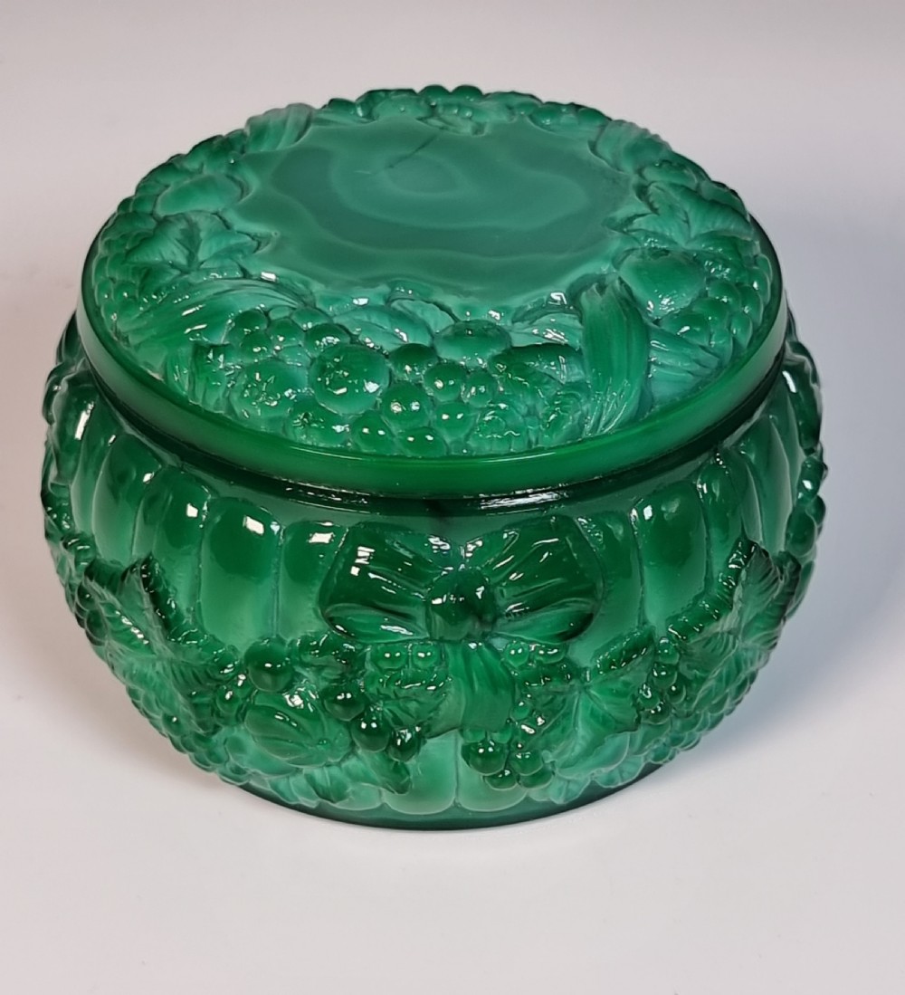 An Art Deco malachite glass jar and cover, c 1920 View X