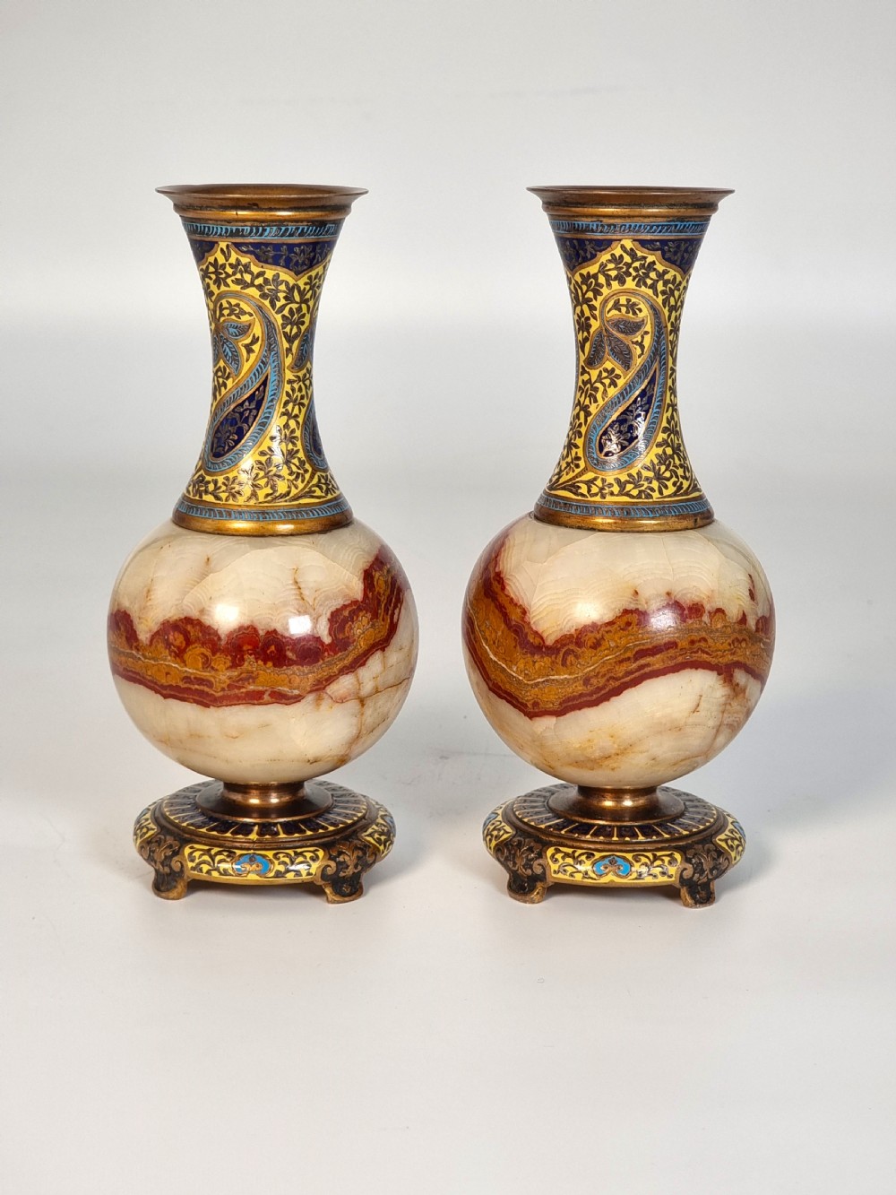 A pair of French champlevé enamel ormolu and onyx vases circa 1880 View II