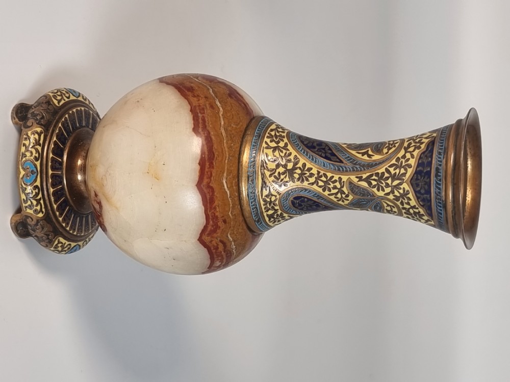 A pair of French champlevé enamel ormolu and onyx vases circa 1880 View IX