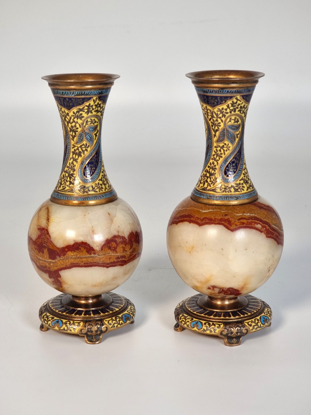 A pair of French champlevé enamel ormolu and onyx vases circa 1880 View X