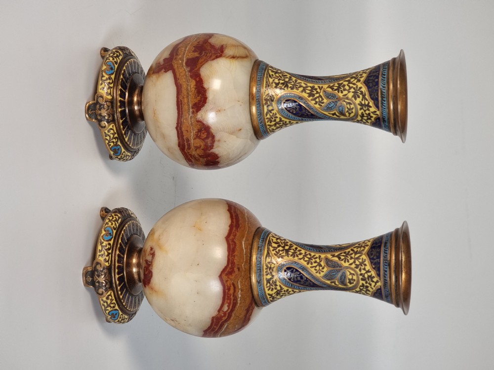 A pair of French champlevé enamel ormolu and onyx vases circa 1880 View XI