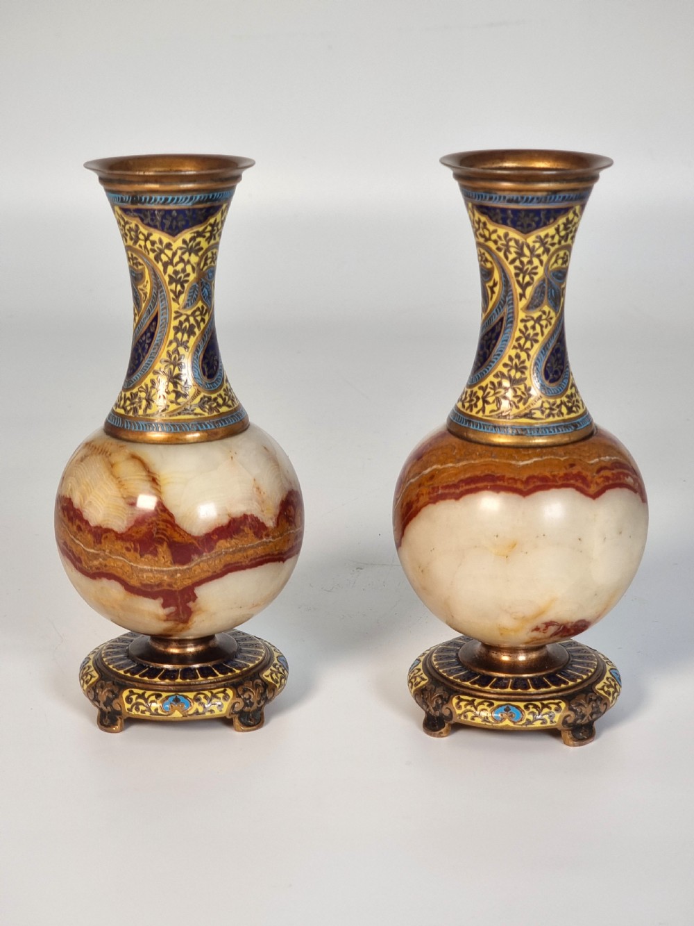 A pair of French champlevé enamel ormolu and onyx vases circa 1880 View XII